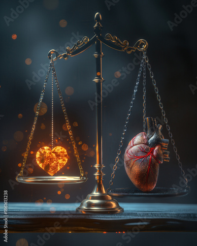 Conceptual 3D Illustration of Justice Scales Balancing Realistic Human Heart and Glowing Digital Heart with Sparks Representing AI and Humanity Bioethics