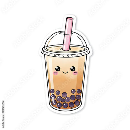 Adorable cartoon illustration of a smiling bubble tea drink in a clear cup with a pink straw and round tapioca pearls, perfect for playful designs and sweet beverage themes