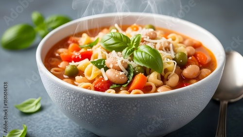 Steaming bowl of minestrone soup with pasta vegetables and basil on gray surface