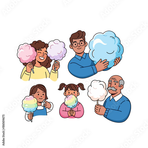 A family enjoying colorful cotton candy treats together in a cheerful illustration
