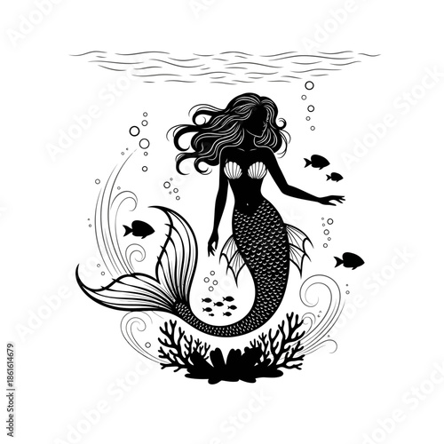 A graceful black silhouette of a mermaid swimming underwater with marine life