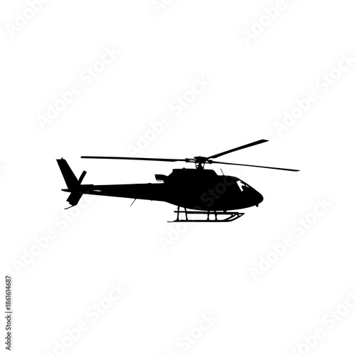A silhouetted helicopter in flight against a plain white background