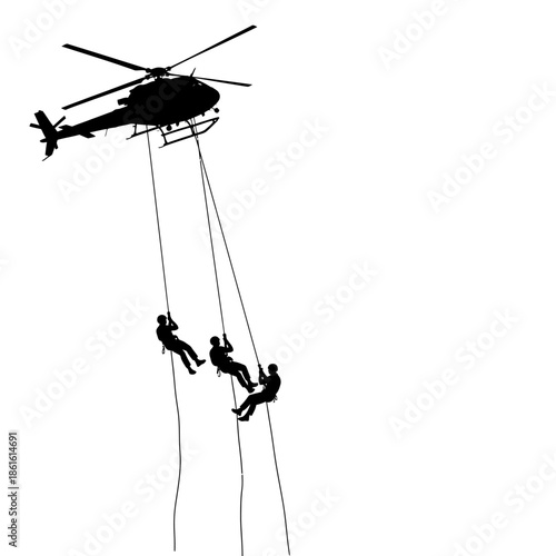 A helicopter rescues people with ropes descending from the air