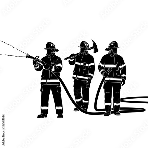 Silhouette of three firefighters with gear hose and axe
