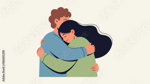 Illustration of a man embracing a woman from behind, showing affection and comfort