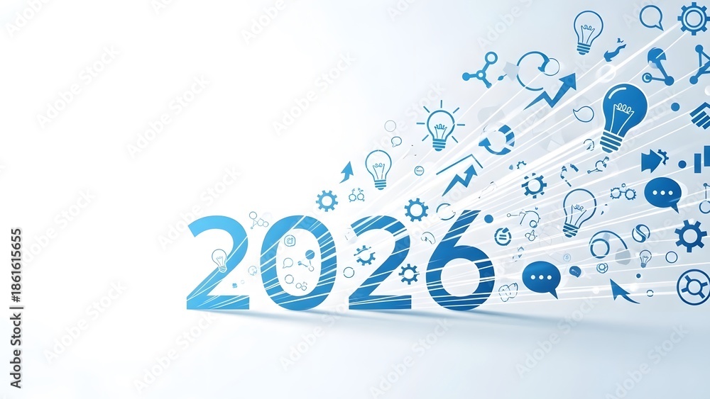 Obraz premium Futuristic 2026 vision with innovative technology symbols and light bulbs