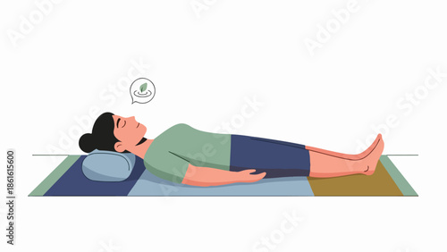 Woman reclining on a multi-colored yoga mat with a green plant in a speech bubble
