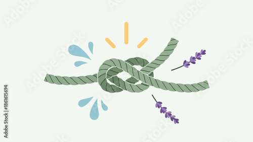 Minimalist still life with green rope knot, blue water droplets, yellow light rays, and purple lavender sprigs