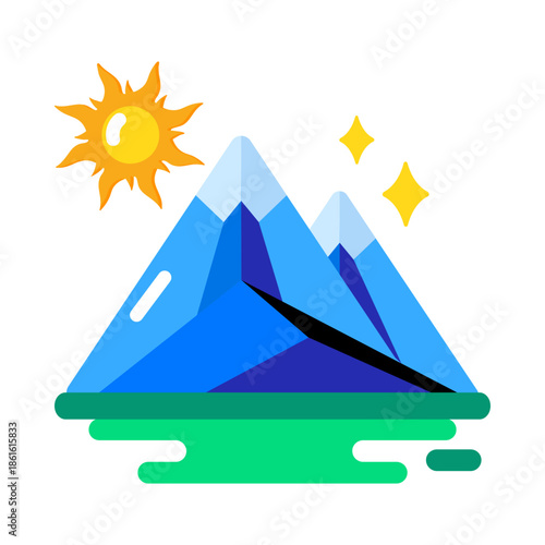 A flat style icon showing mountain sunrise