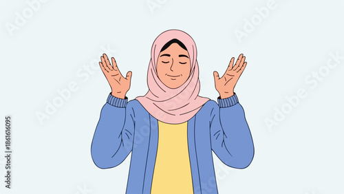 Minimalist portrait illustration of a woman in a contemplative pose with hands raised, wearing a light blue sweater, bright yellow garment, and soft pink hijab