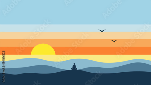 Silhouette of a female meditating on a hill during sunset with birds in flight and rolling hills in the background