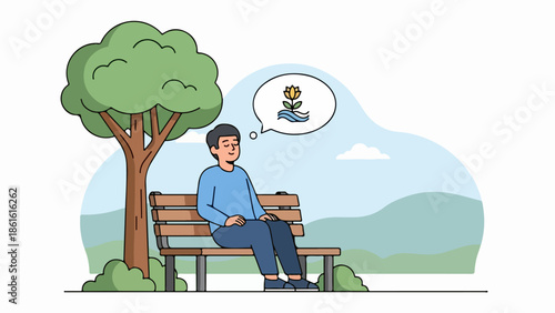 Young man sitting on wooden bench in serene outdoor setting with speech bubble illustration of plant