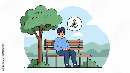 Young man sitting on wooden bench in outdoor setting with thought bubble of yellow flower