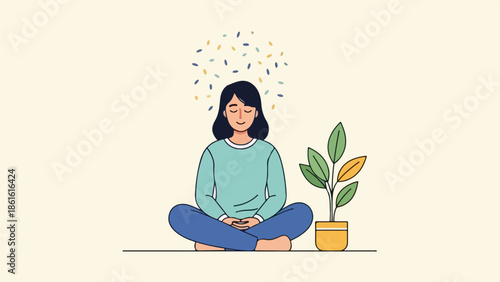 Young woman meditating with floating leaf-like shapes and potted plant