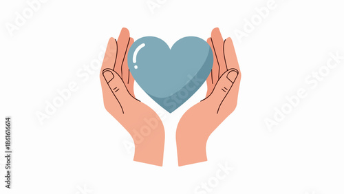Illustration of peach-toned hands cradling a soft blue heart on a light beige background