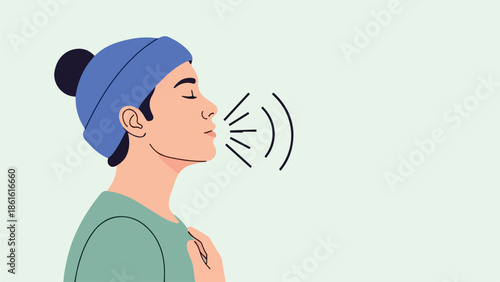 Minimalist portrait illustration of a woman in profile wearing a blue beanie with a black pom-pom and a light green garment