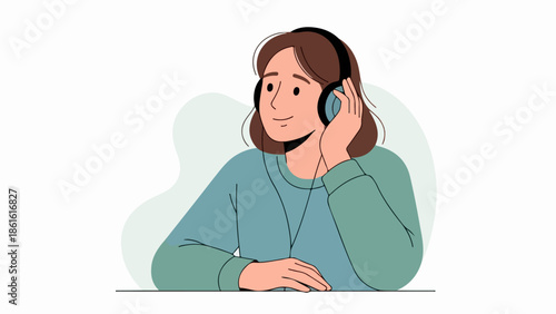 Young woman with short brown hair in light blue shirt listening to music with black headphones