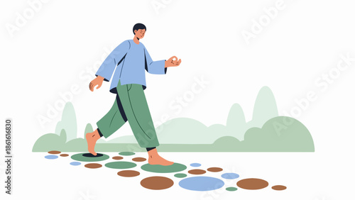 Man walking on a winding stone path in a serene nature landscape illustration
