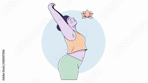 Illustration of a female figure with dark hair and light skin in a light purple top and green skirt, with a pink lotus flower on a light blue background
