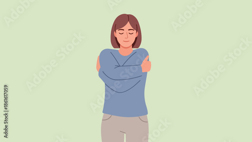 Portrait of a woman with short brown hair wearing a blue shirt and light pink pants, arms crossed, in a minimalist composition