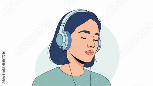 Stylized portrait illustration of a young woman with short dark hair wearing blue and white over-ear headphones and a light green shirt
