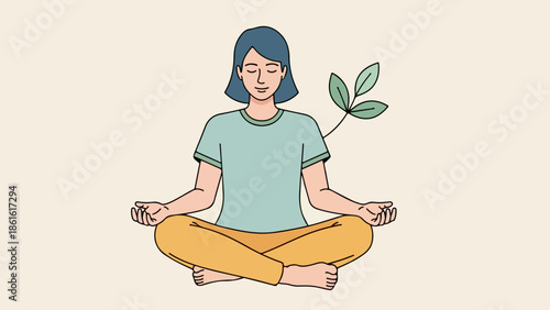 Young woman in meditative pose with light blue t-shirt and mustard yellow pants