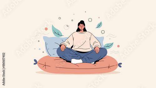 Young woman in meditative pose with abstract background