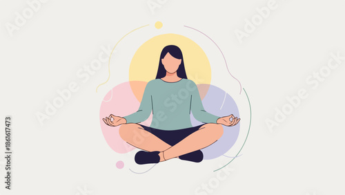 Woman in meditative pose with long dark hair, light green shirt, and dark pants, abstract nature-inspired background
