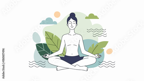 Woman in meditative pose with green foliage background