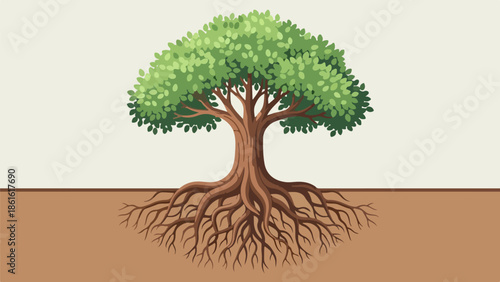 Botanical illustration of a solitary tree with intricate roots and lush green canopy