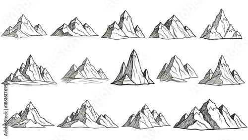 Diverse Hand-Drawn Mountain Range Sketches Varied Peaks for Natural Landscape and Adventure Design Elements