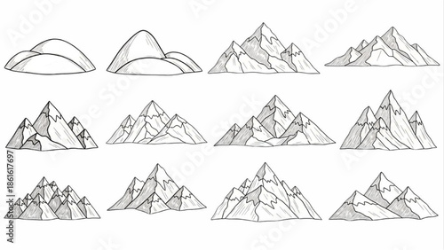 Learn to sketch diverse mountain landscapes with this comprehensive drawing guide showing various styles and details