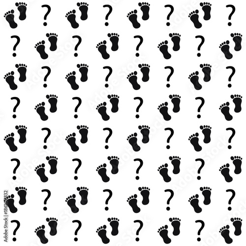 Seamless black footprint and question mark pattern on a white background, minimalist and playful design symbolizing mystery, curiosity, identity, or investigation themes