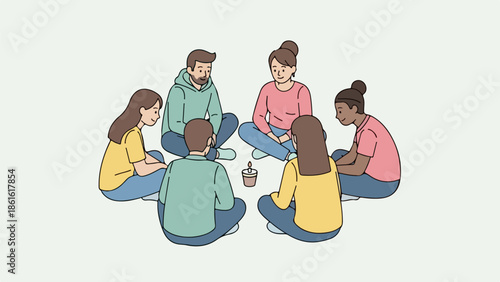 Illustration of five diverse people sitting in a circle, wearing casual clothing, depicting community and connection