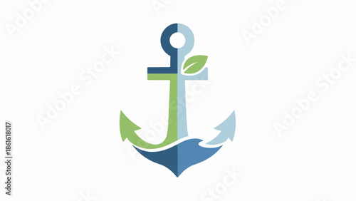 Modern minimalist anchor illustration with blue gradient and green leaf-like element