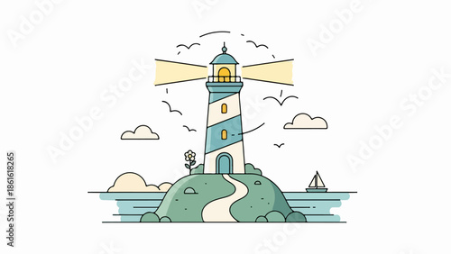 Classic lighthouse on rocky outcrop with yellow lantern room and winding path