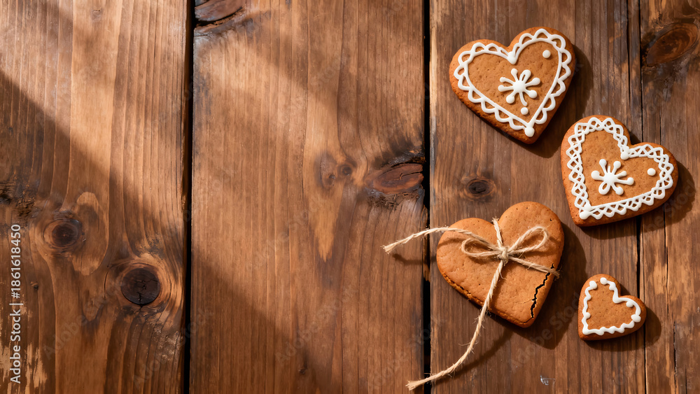 Fototapeta premium Delightful heart-shaped gingerbread cookies arranged on a rustic wooden table