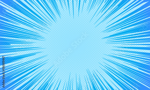 Blue comic burst background with radial speed lines and halftone dots, dynamic pop art style ideal for action scenes, comic panels, posters, banners, and energetic designs