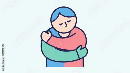 Illustration of a person with short blue hair wearing a pink shirt and light blue sweater, arms crossed