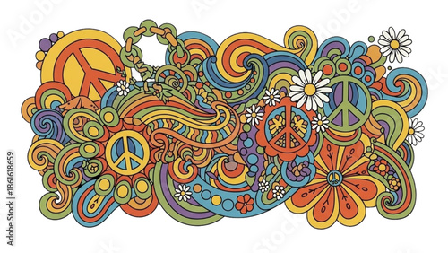 Harmonious Retro Pattern Expressing Peace, Love, and Free Spirit with Swirling Psychedelic Florals