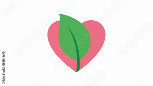 Soft pink heart with vibrant green leaf on neutral background