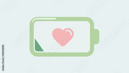 Minimalist battery icon with pink heart on soft light green background