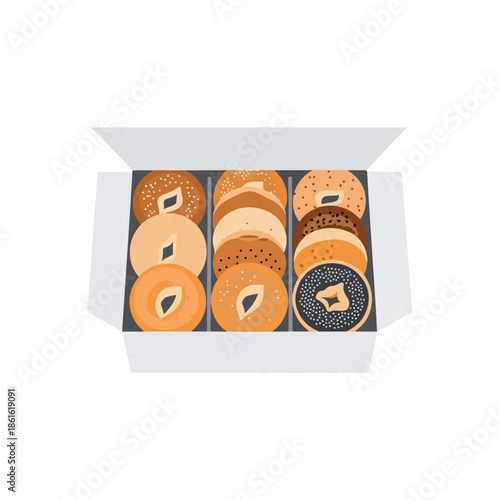 A digital illustration of assorted bagels in a white box on a plain background. Perfect for food blogs, restaurant menus, and bakery advertisements.