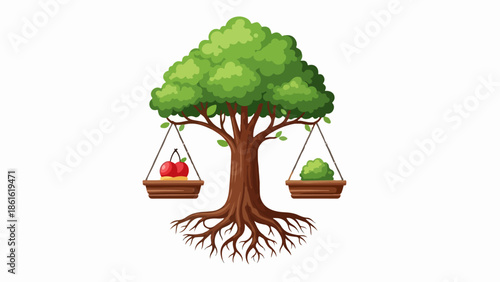 Robust tree with balanced wooden scales holding red apple and green vegetables