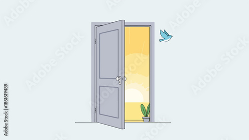 Minimalist interior scene with open gray door and blue bird in flight