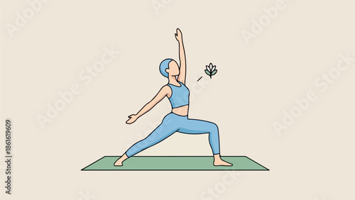 Woman in blue athletic wear performing a dynamic warrior pose on a green yoga mat