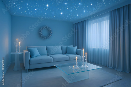 Living room with starry ceiling modern interior design, blue color scheme, cozy atmosphere, elegant decor, sophisticated home styling, night sky ambiance