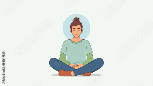 Woman meditating in a cross-legged pose with short brown hair tied back, wearing a light green shirt and dark blue pants