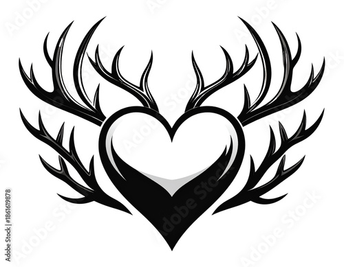 a simple black and white vector illustration of a heart with antlers, in a clip art style, with a minimalist design, on a transparent background.