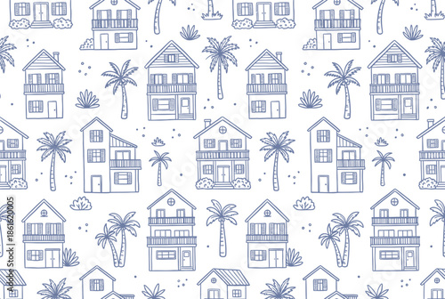Tropical House and Palm Tree Pattern